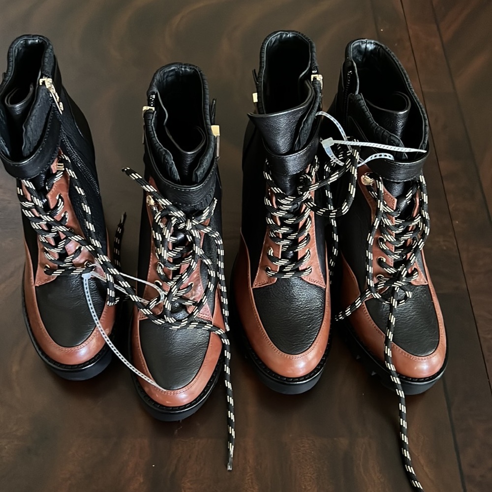 Antonio Melani Perline Leather Lace-Up Chunky Lug Sole Platform Heel Booties. - Picture 7 of 13